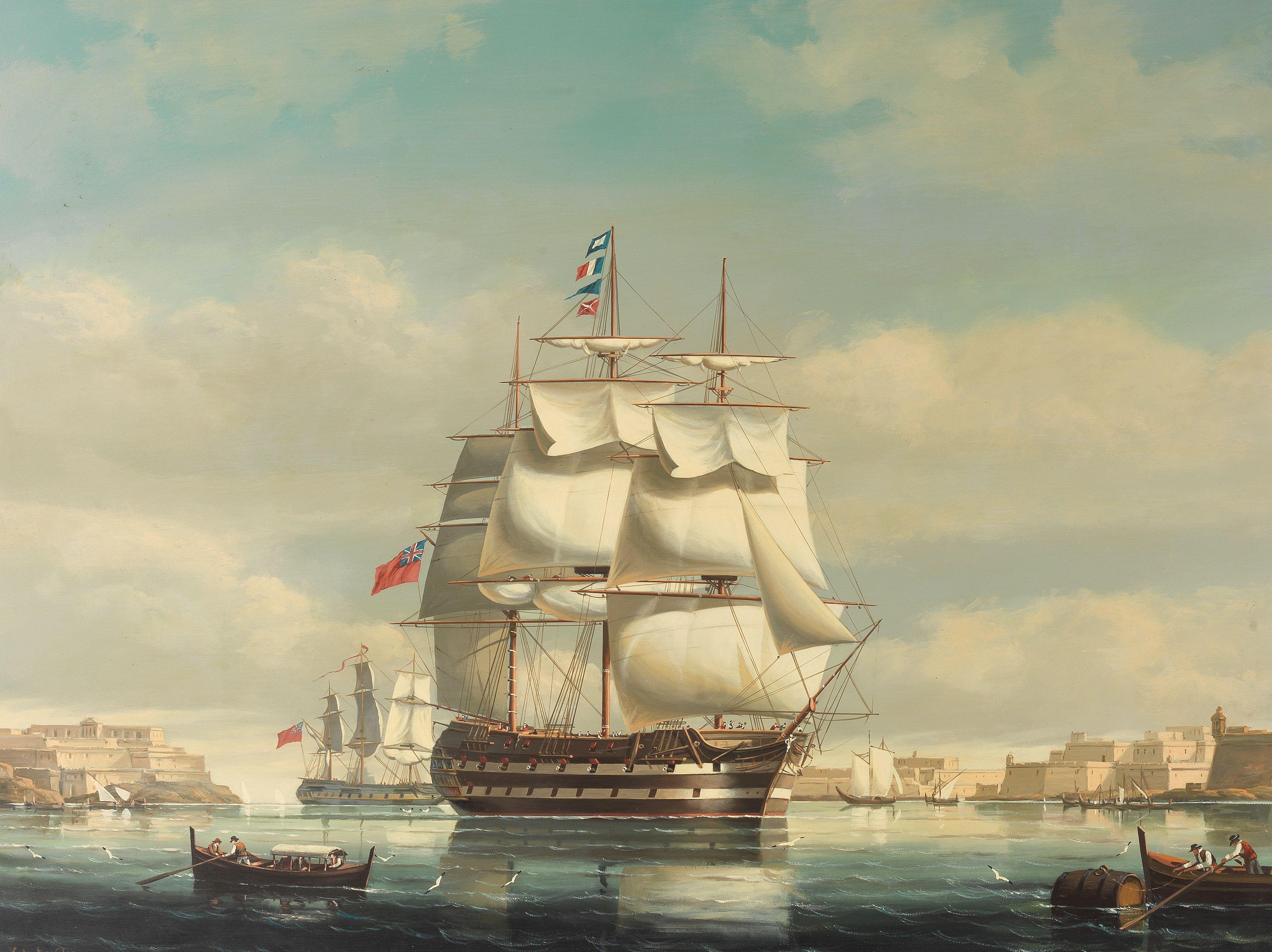 Salvatore Colacicco - A British man of war at anchor off Malta; Shipping at anchor in Malta\'s harbour, a pair