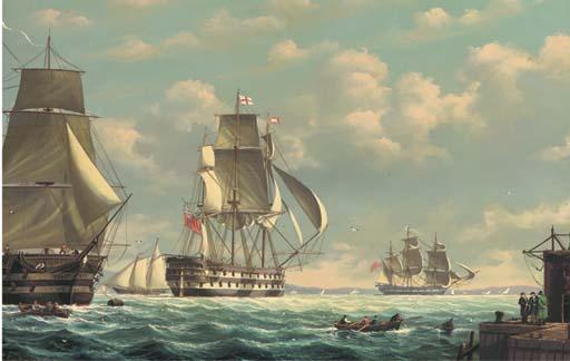 Salvatore Colacicco - A British man-o\'war and other vessels at the entrance to Portsmouth Harbour