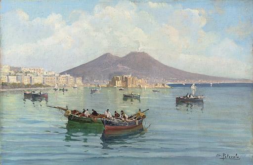 Salvatore Petruolo - Fishing boats in the Bay of Naples, Vesuvius beyond