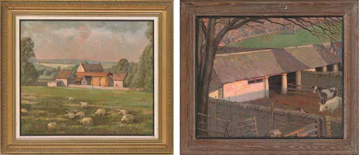 Sam Morse-Brown, A.R.W.A., P.S. - January sunshine, a Cotswold farm; and Sheep grazing, mid-summer