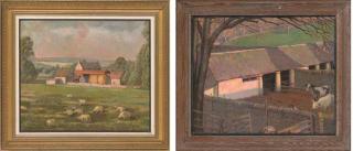 Sam Morse-Brown, A.R.W.A., P.S. - January sunshine, a Cotswold farm; and Sheep grazing, mid-summer
