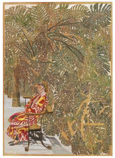 Sam Szafran - Femme assise manteau rouge parmi les philodendrons (Seated Woman in Red Coat Among the Philodendrons)