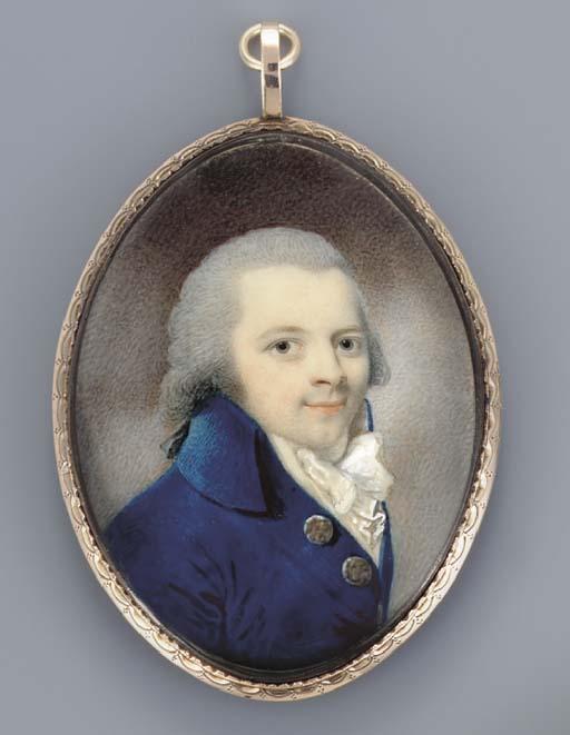 Sampson Towgood Roch - A young gentleman, facing right in blue coat with gold buttons, white waistcoat and frilled cravat, powdered hair en queue