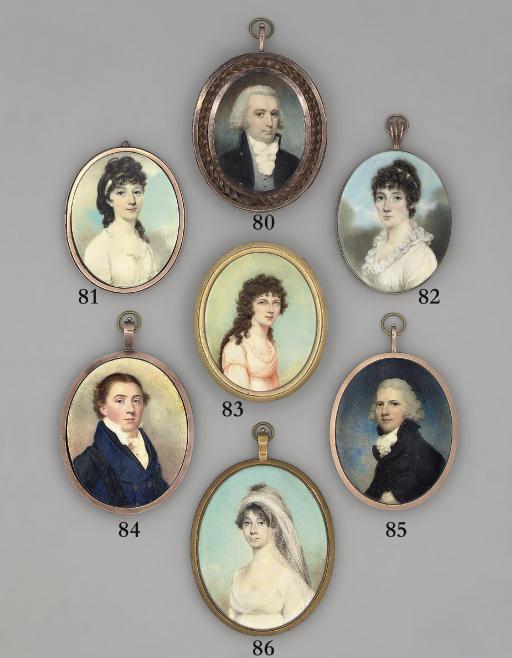 Sampson Towgood Roche - A lady, in lace-bordered coral-coloured dress with grey sash, grey ribbon trim at shoulder, long curling brown hair; sky background