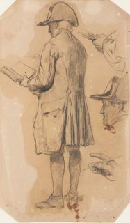 Samuel Albert Anker - Un homme vu de dos avec un tricorne lisant un livre, avec des études subsidiaires des mains et de la tête
