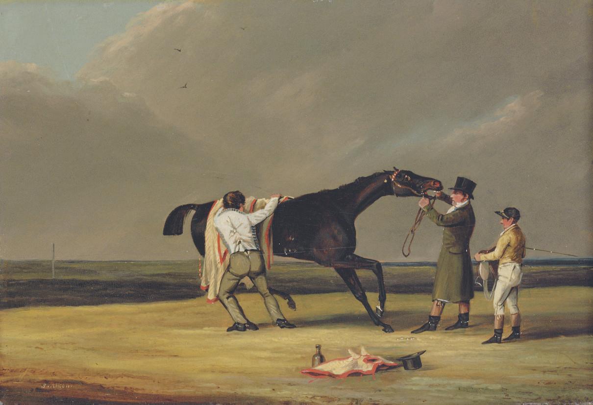 Samuel Alken - A racehorse with a groom, trainer and jockey