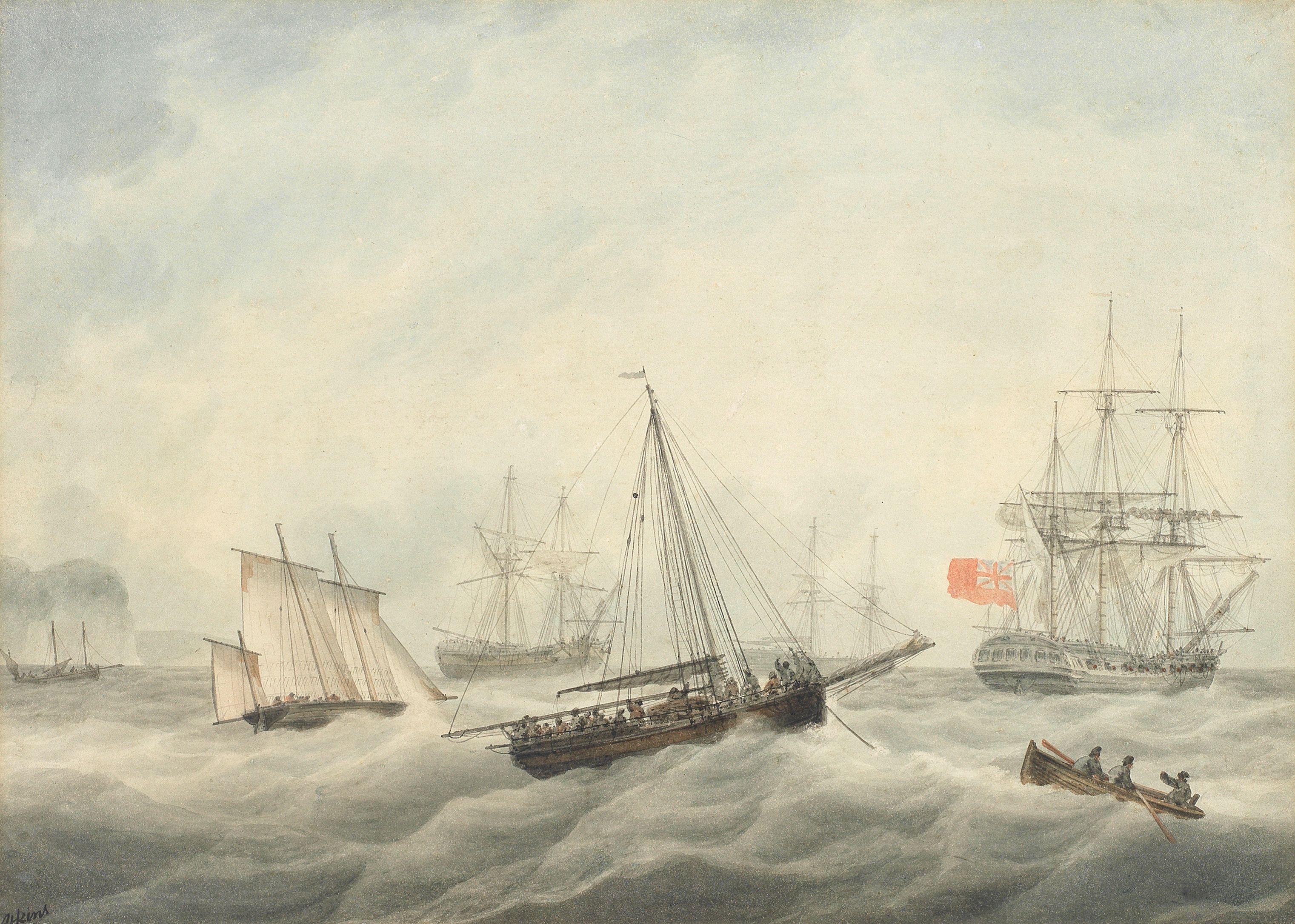Samuel Atkins - A British frigate making sail as she departs her busy offshore anchorage in a heavy swell