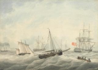 Samuel Atkins - A British frigate making sail as she departs her busy offshore anchorage in a heavy swell