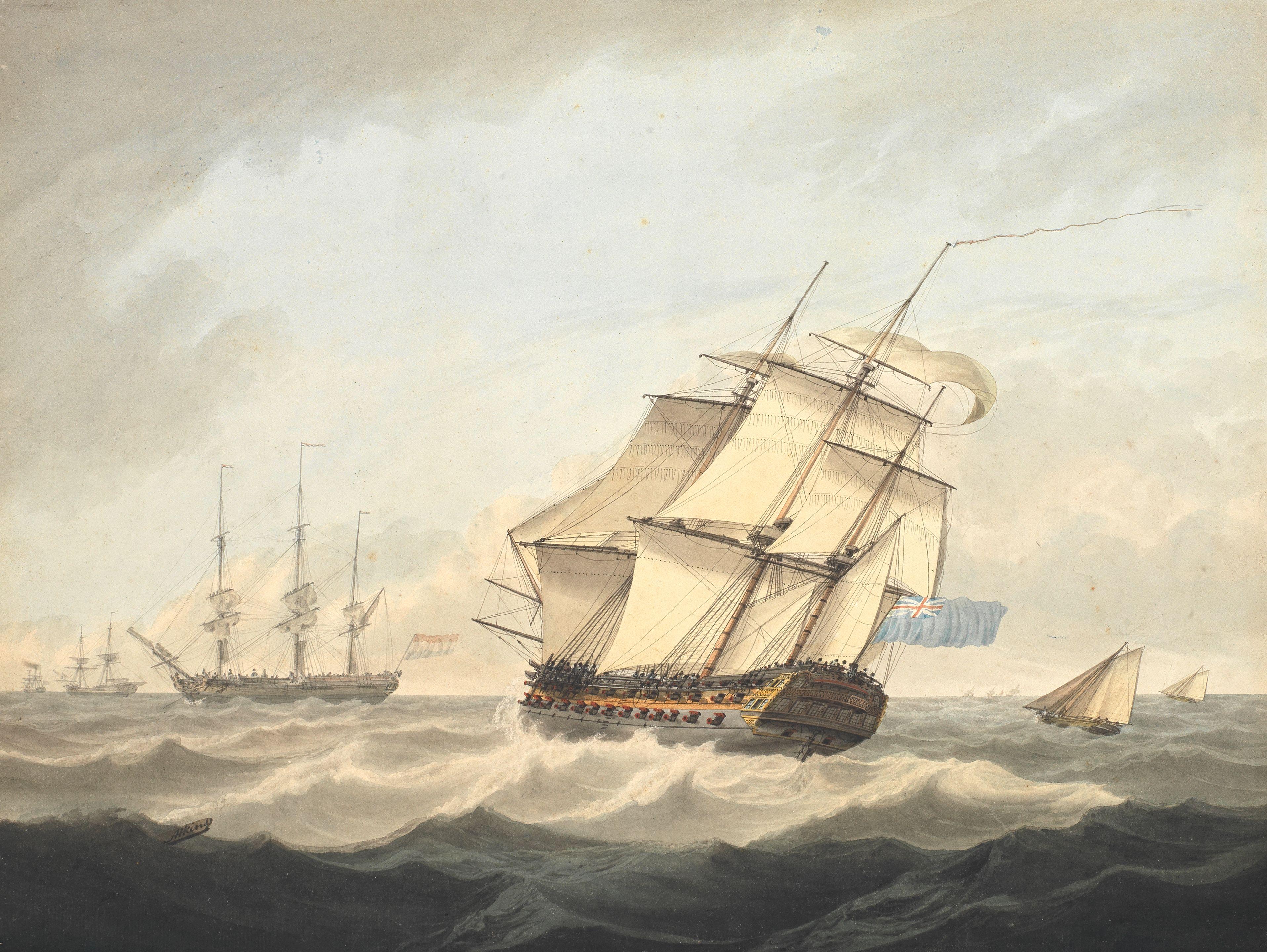 Samuel Atkins - \'A Man of War in a Fresh Gale\' unframed