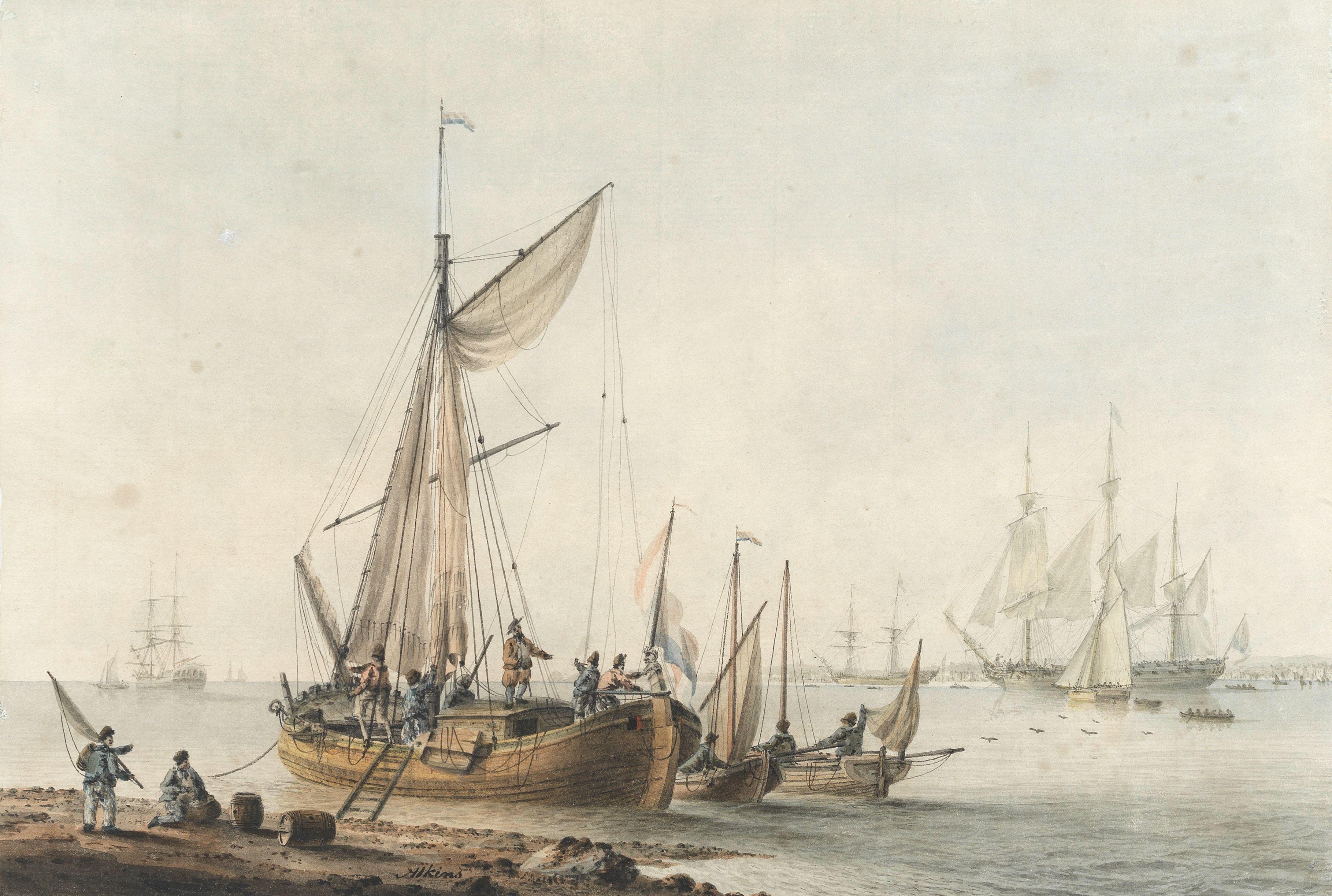 Samuel Atkins - Dutch merchant boats on an estuary with Dutch naval craft in the distance
