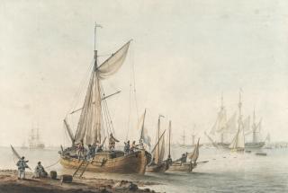 Samuel Atkins - Dutch merchant boats on an estuary with Dutch naval craft in the distance