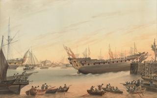 Samuel Atkins - Launching Day for a 32-gun frigate from a Thames-side yard