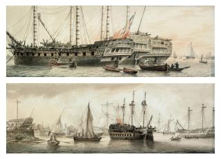 Samuel Atkins - The Honourable East India Company\'s ships Devonshire, Woodford and Lord Duncan lying on the Thames off Blackwall (illustrated) ; View of Battersea; and View of Penny\'s Dockyard at Blackwall (illustrated)