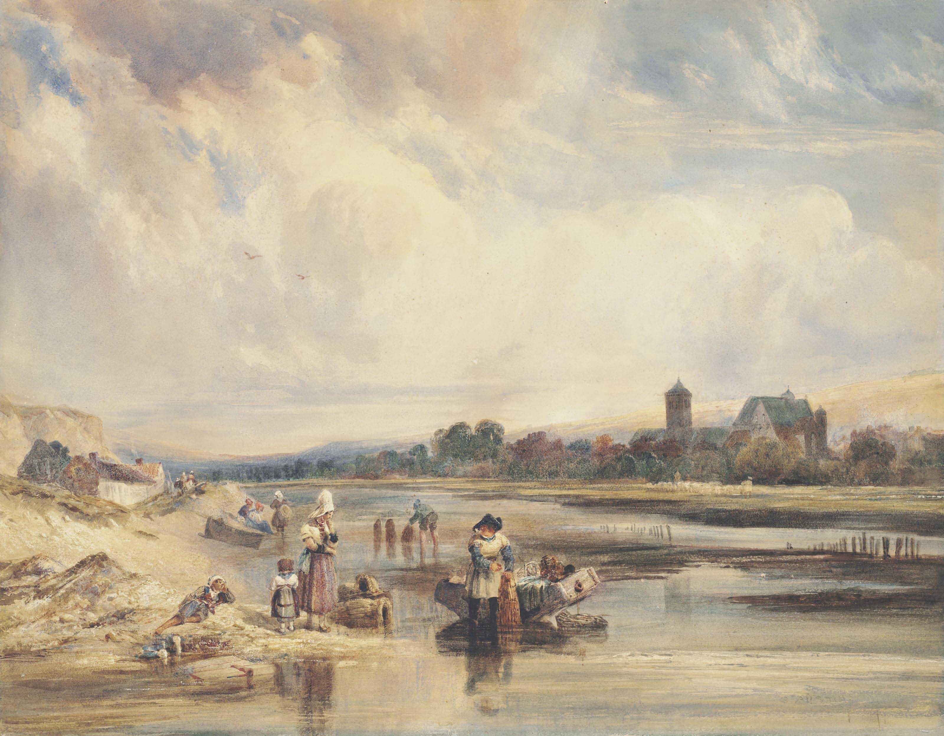 Samuel Austin O.W.S. - Figures on a riverbank checking eel traps