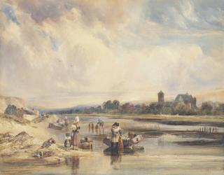 Samuel Austin O.W.S. - Figures on a riverbank checking eel traps