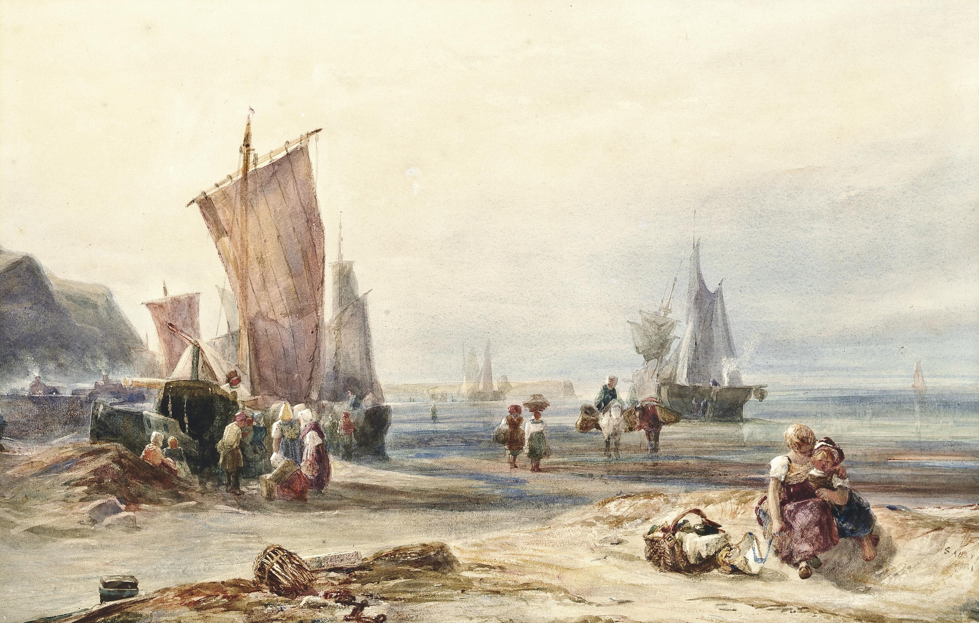 Samuel Austin, O.W.S. - Fishermen unloading the catch at low tide