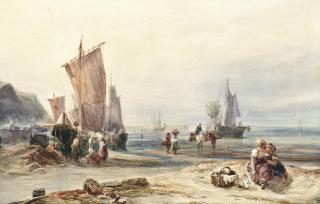 Samuel Austin, O.W.S. - Fishermen unloading the catch at low tide