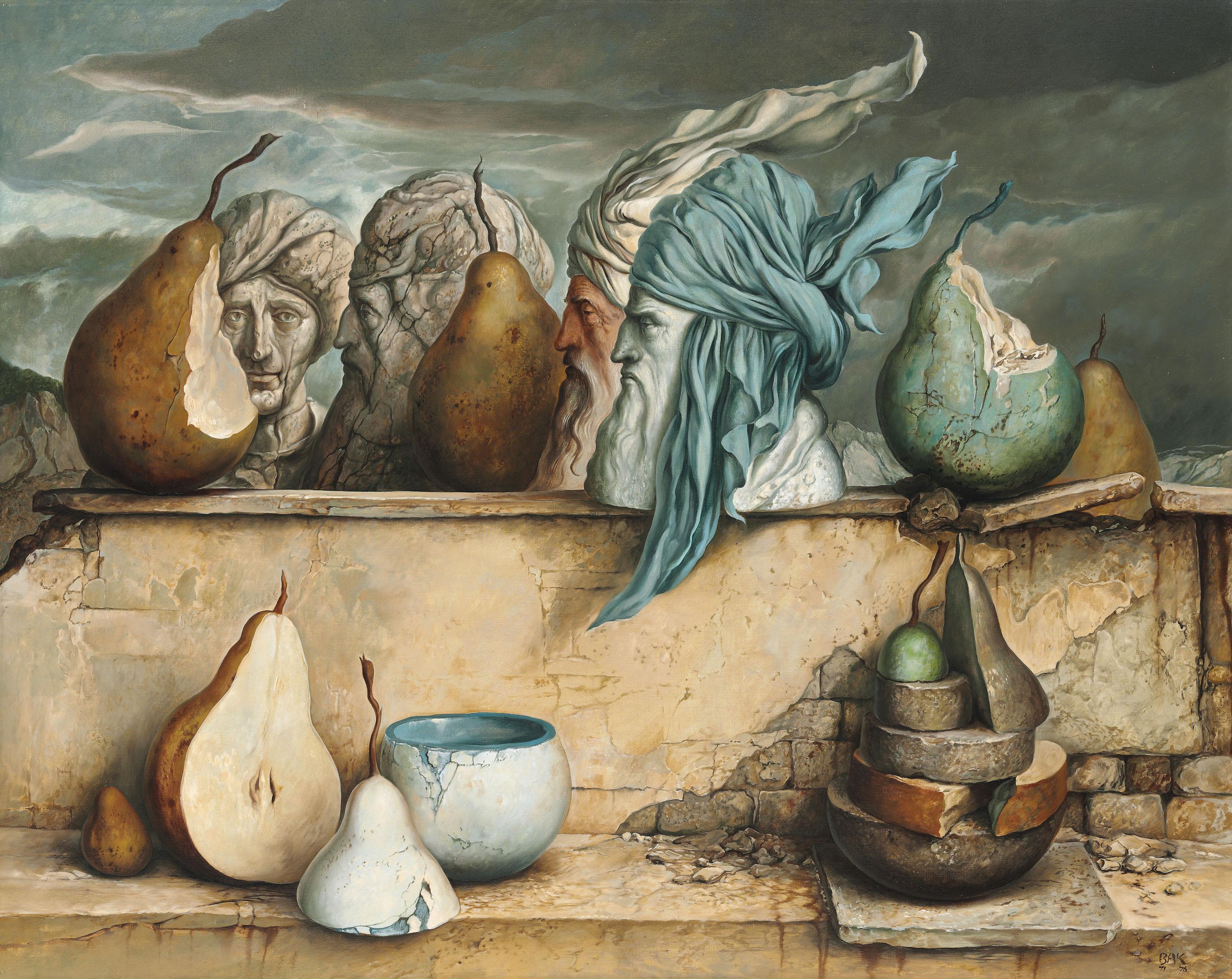 Samuel Bak - Composition aux poires et aux bustes de pierre (Old Wise Men)