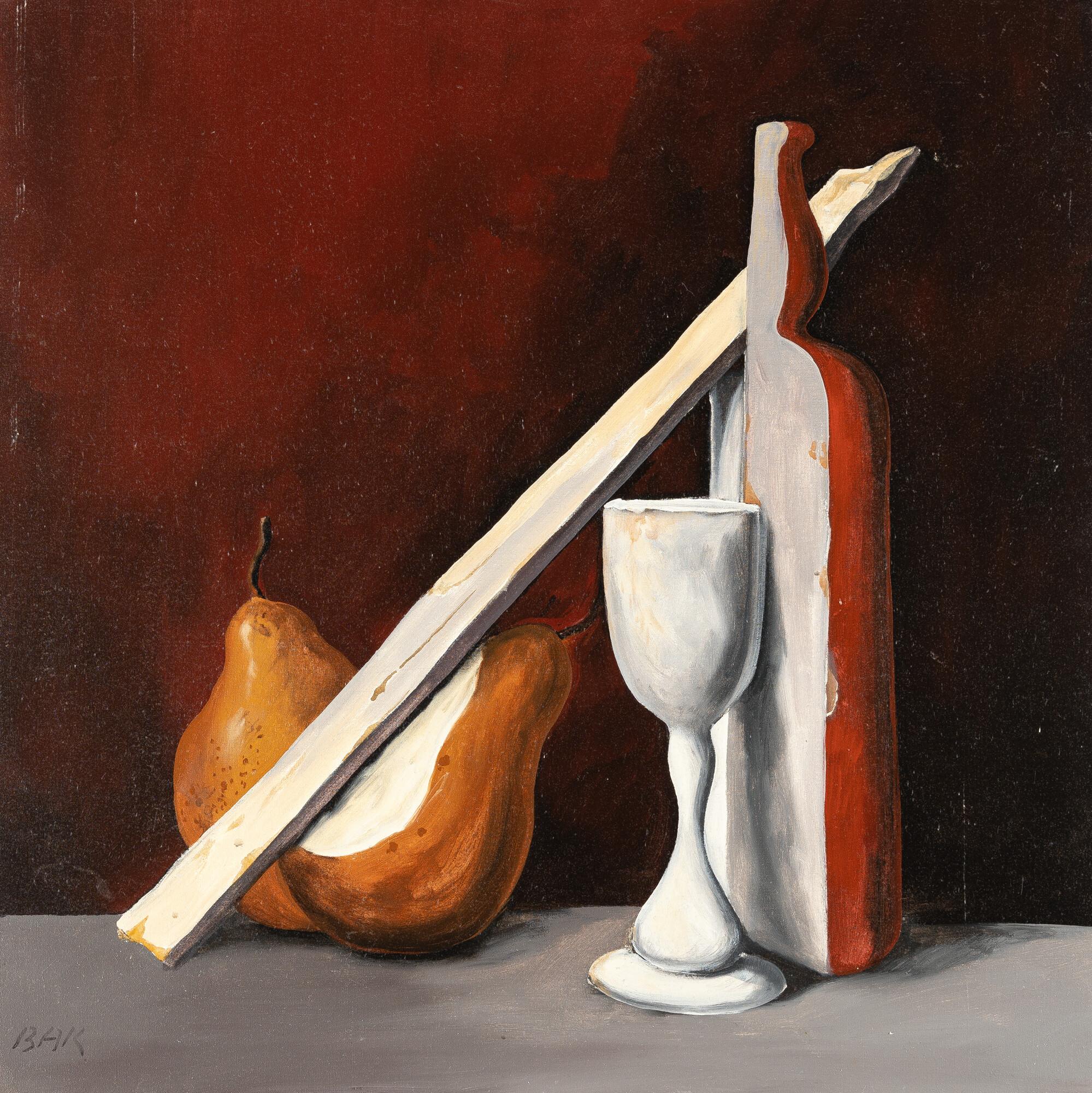 Samuel Bak - Stillleben mit Flasche und Birnen