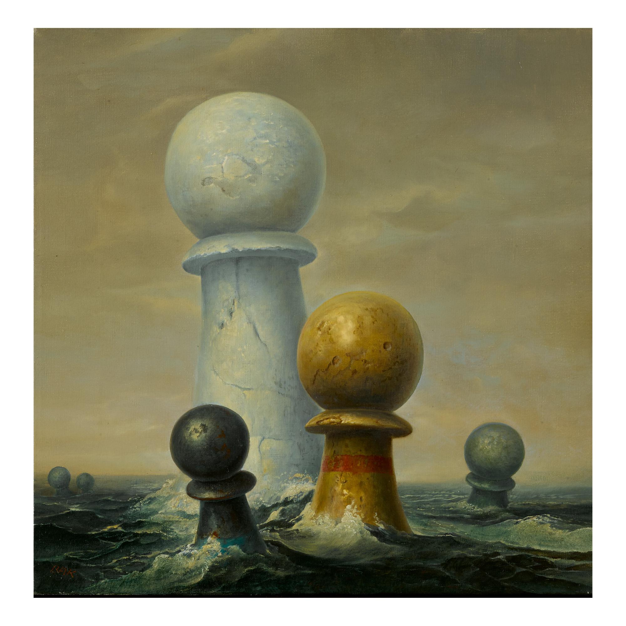 Samuel Bak - Surrealist Image (Floating Chess Pieces)