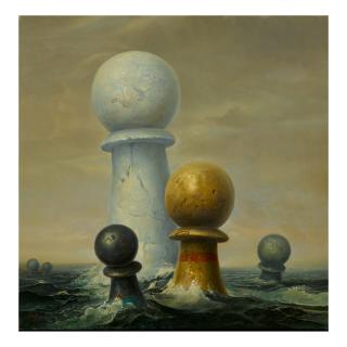 Samuel Bak - Surrealist Image (Floating Chess Pieces)