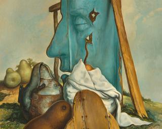 Samuel Bak - Surrealistisches Stillleben mit Kopf.