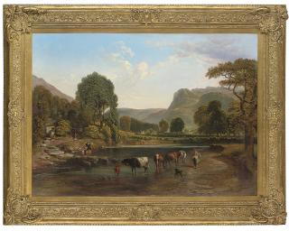 Samuel Bough, R.S.A. - Cattle Watering In An Extensive Highland Valley, With Meadows And Cottages Beyond