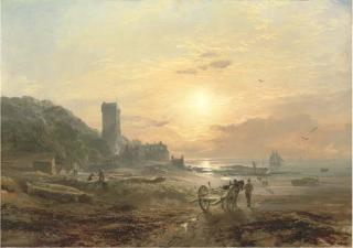 Samuel Bough, R.S.A. - View of Culross on the Forth, with figures in the foreground and a village beyond