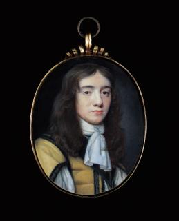 Samuel Cooper - A young gentleman, facing right in black-bordered yellow doublet with white shirt and tied cravat, cross-belt, long brown curling hair