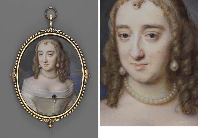 Samuel Cooper - Lady Marsham (Née Elizabeth Hammond, 1612-1689), In Low-Cut White Dress With White Underslip, Jewelled Drop-Pearl Pendant At Corsage, Pearl Necklace And Drop-Pearl Earrings, Her Fair Hair Dressed In Ringlets; Sky And Cloud Background