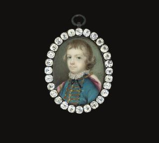 Samuel Cotes - A boy, in turquoise coat with gold frogging and gold buttons, white frilled collar, black ribbon tied at neck, red cloak draped across shoulders fastened about neck with gold clasp and chain
