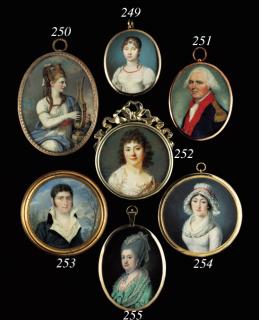 Samuel Cotes - A lady, facing left in lace-bordered bright green dress with bows at sleeves and at corsage, purple ribbon tied around her neck, drop pearl earrings, lace scarf tied in her upswept powdered and curled hair