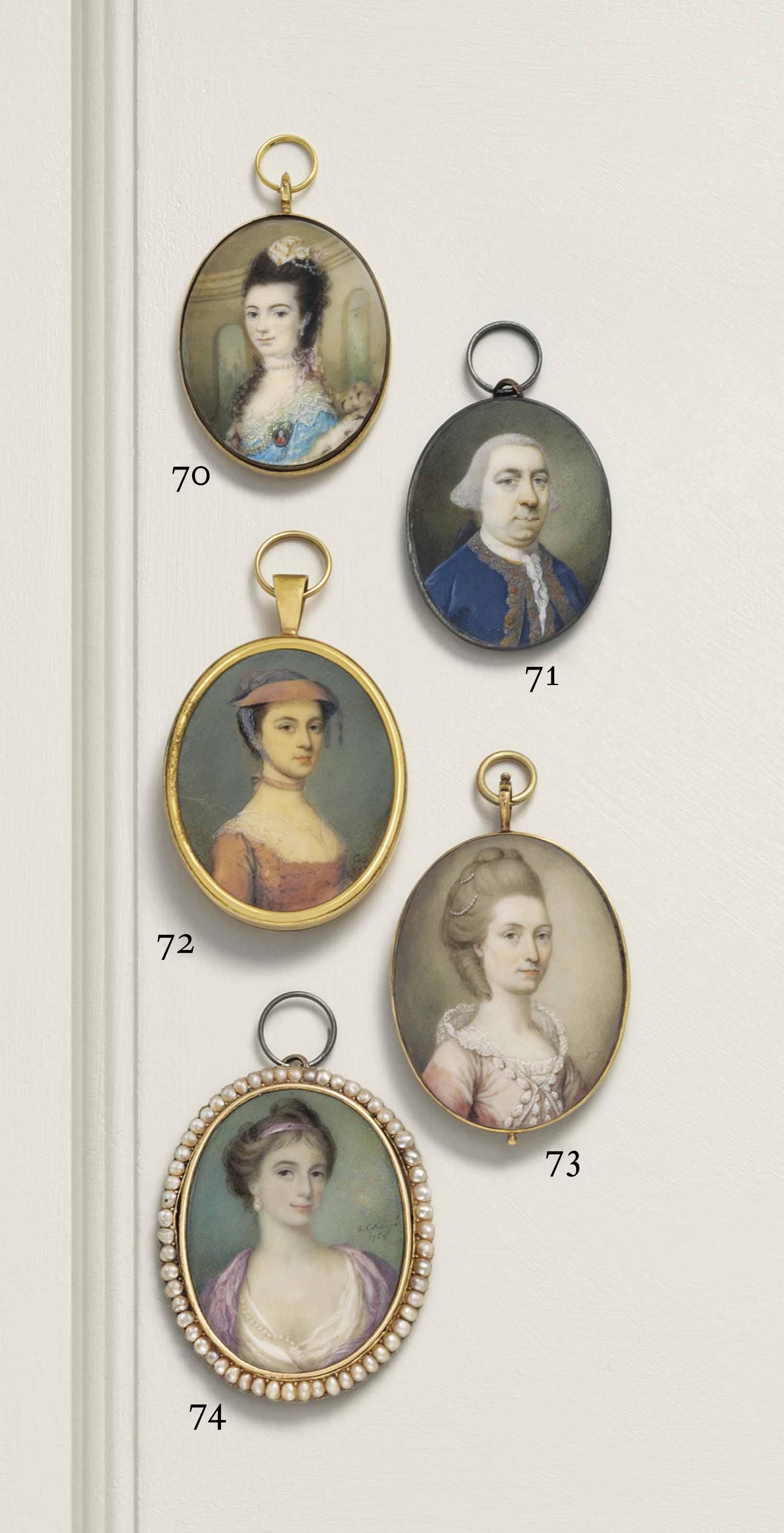 Samuel Cotes - A Young Lady, Wearing A White Dress And A Pink Shawl, A Long Pearl Necklace And Pearl Earring, Her Hair Tied With A Pink Ribbon