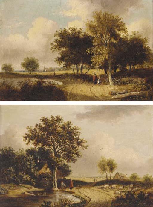 Samuel David Colkett - Figures on a path in a wooded landscape; and Figures resting by a pond in a wooded landscape with cottages beyond