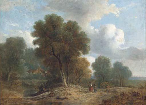 Samuel David Colkett - Figures on a wooded track, a cottage beyond