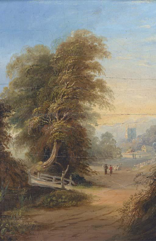 Samuel David Colkett - Figures on a wooded track with a church tower beyond