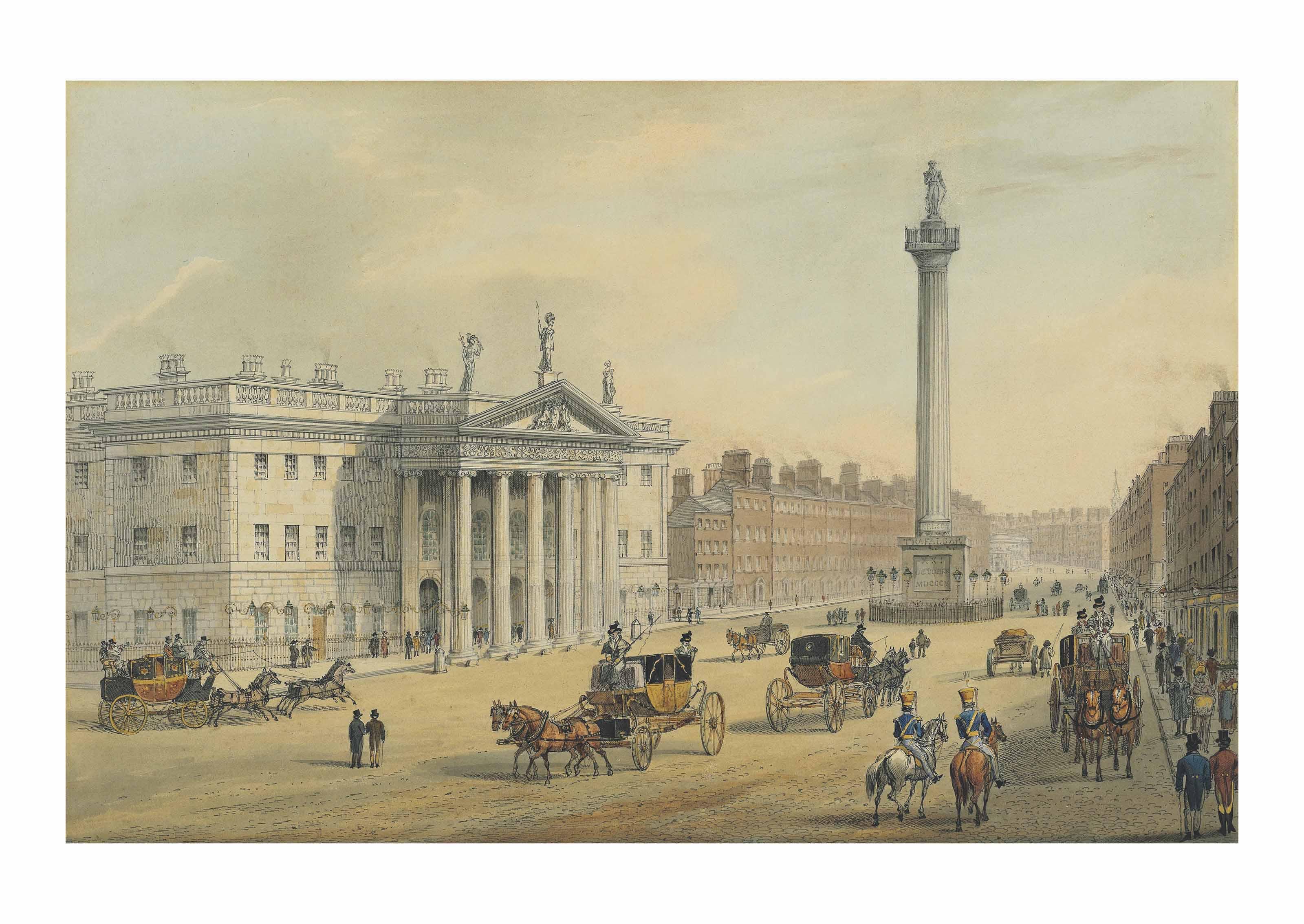 Samuel Frederick Brocas - The General Post Office and Nelson\'s Pillar, Sackville Street, with the Dublin Lying-in Hospital beyond