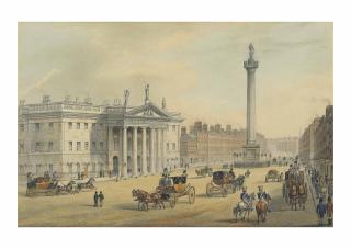 Samuel Frederick Brocas - The General Post Office and Nelson\'s Pillar, Sackville Street, with the Dublin Lying-in Hospital beyond
