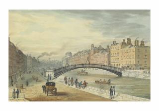 Samuel Frederick Brocas - Wellington Bridge from Ashton Quay, with Essex Bridge and the Four Courts visible beyond