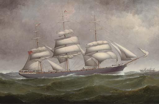 Samuel H. Fyfe - The Three-Master Helensburgh Under Reduced Sail At Sea With A Steamship Off Her Port Bow