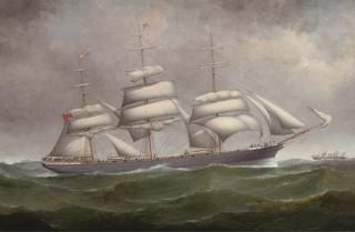 Samuel H. Fyfe - The Three-Master Helensburgh Under Reduced Sail At Sea With A Steamship Off Her Port Bow