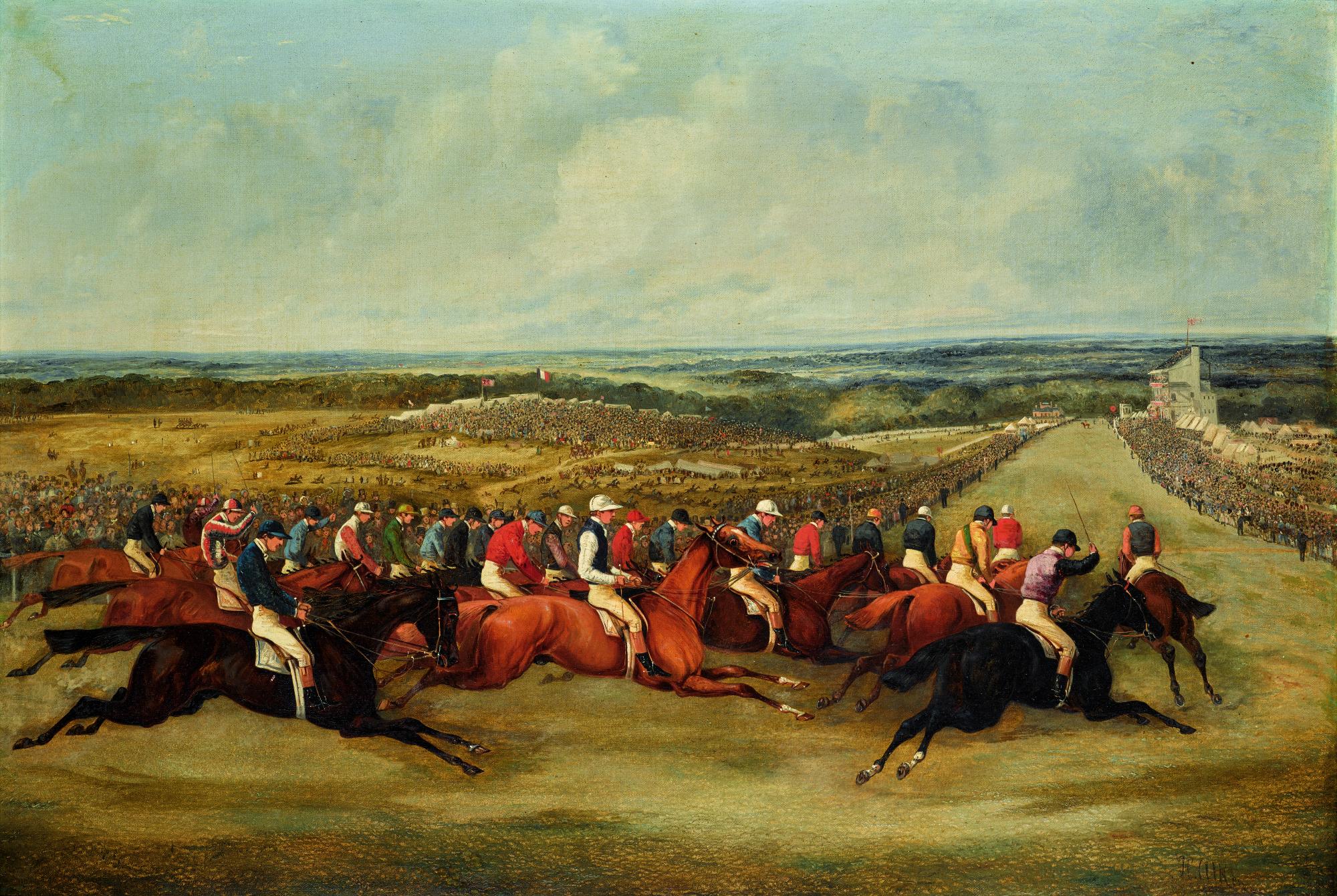Samuel Henry Alken - Rounding Tattenham Corner; And Sir J. Hawley\'S Beadsman Beating Lord Derby\'S Toxophilite, The Derby, 1858