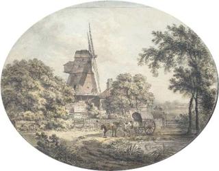 Samuel Hieronymous Grimm - A windmill with horses and a cart by a pond, in the foreground