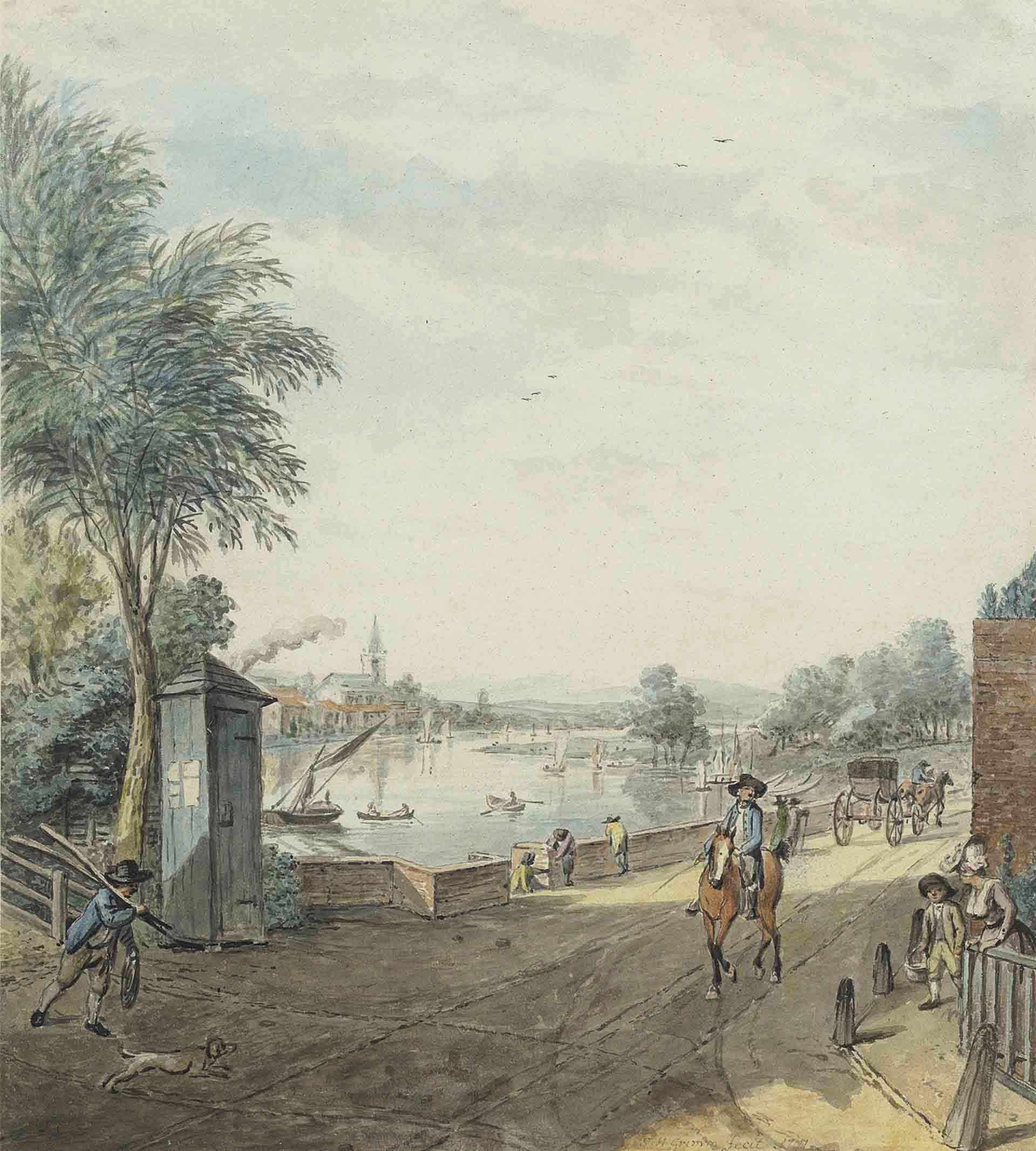 Samuel Hieronymous Grimm - South-western view of the River Thames from the corner of Beaufort Street and Cheyne Walk, Chelsea, London