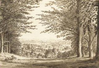 Samuel Hieronymus Grimm - A distant view of a cottages through a wood