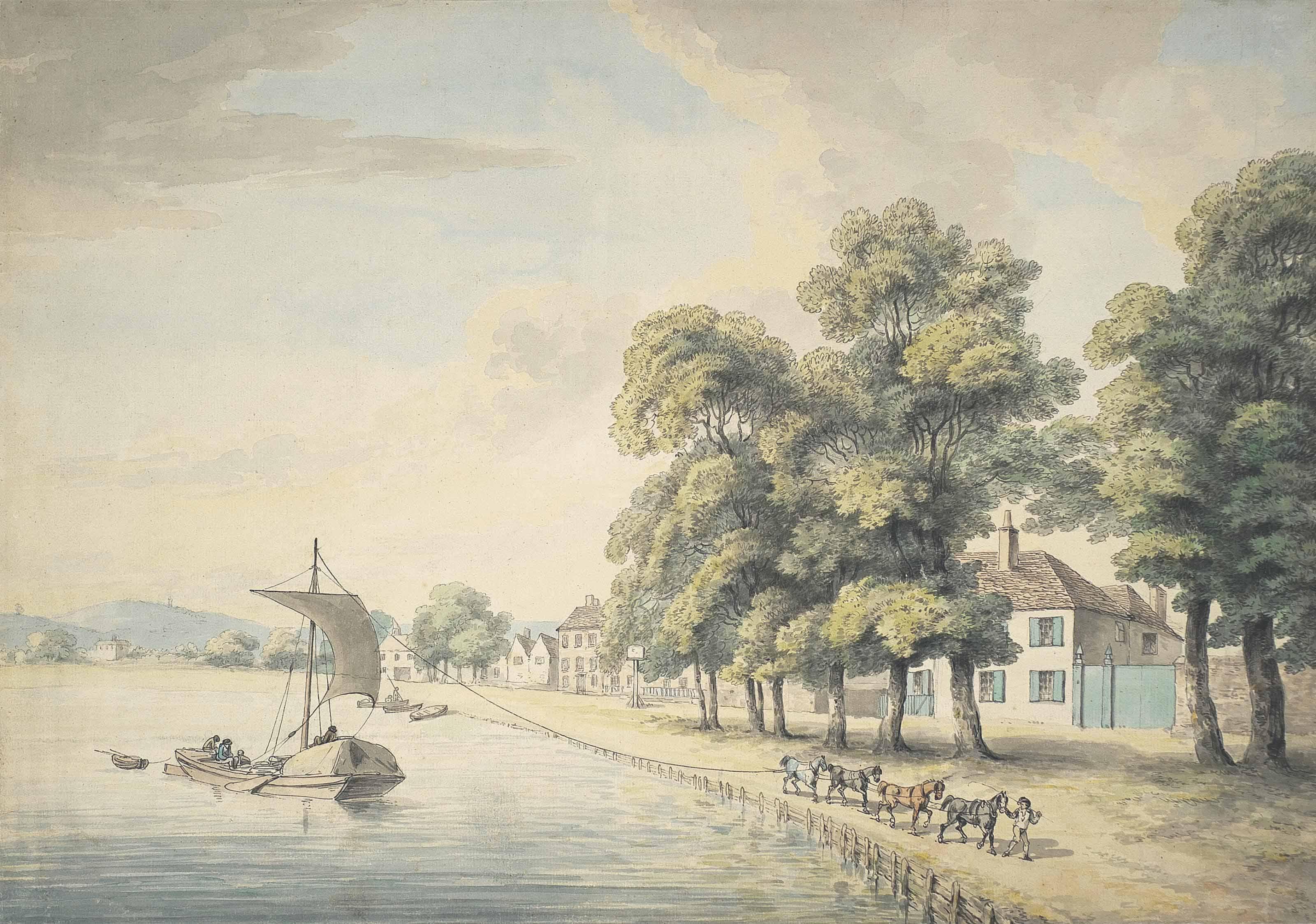 Samuel Howitt - A figure leading horses pulling a barge along a river, possibly Hammersmith Mall, London