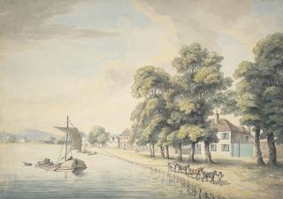 Samuel Howitt - A figure leading horses pulling a barge along a river, possibly Hammersmith Mall, London