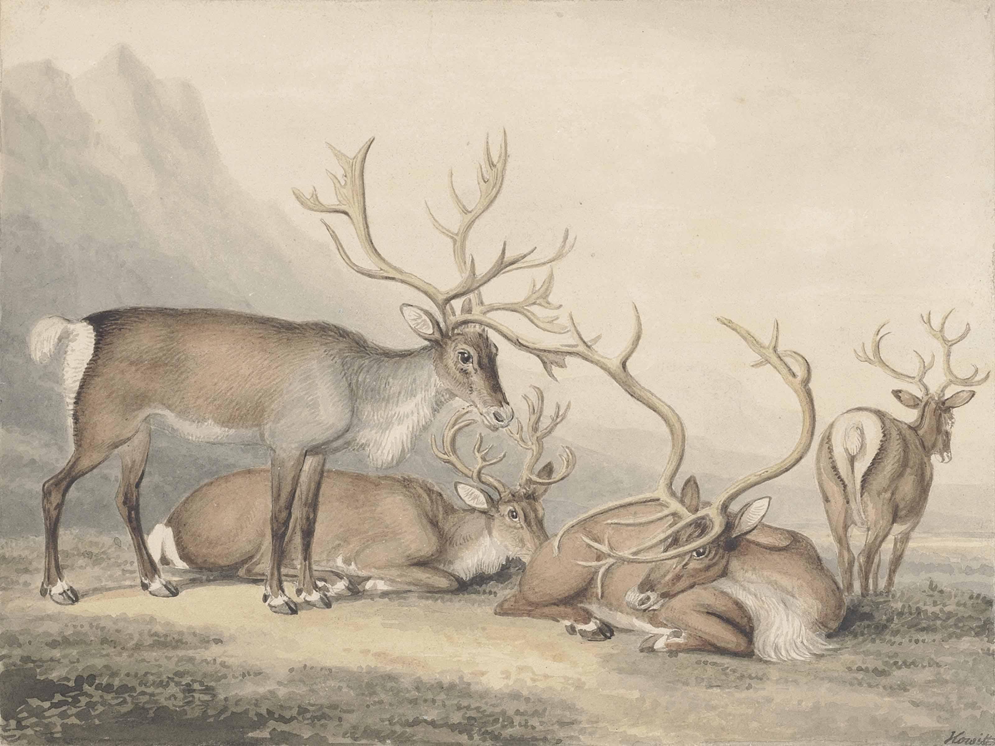 Samuel Howitt - A Herd Of Reindeer In A Mountainous Landscape