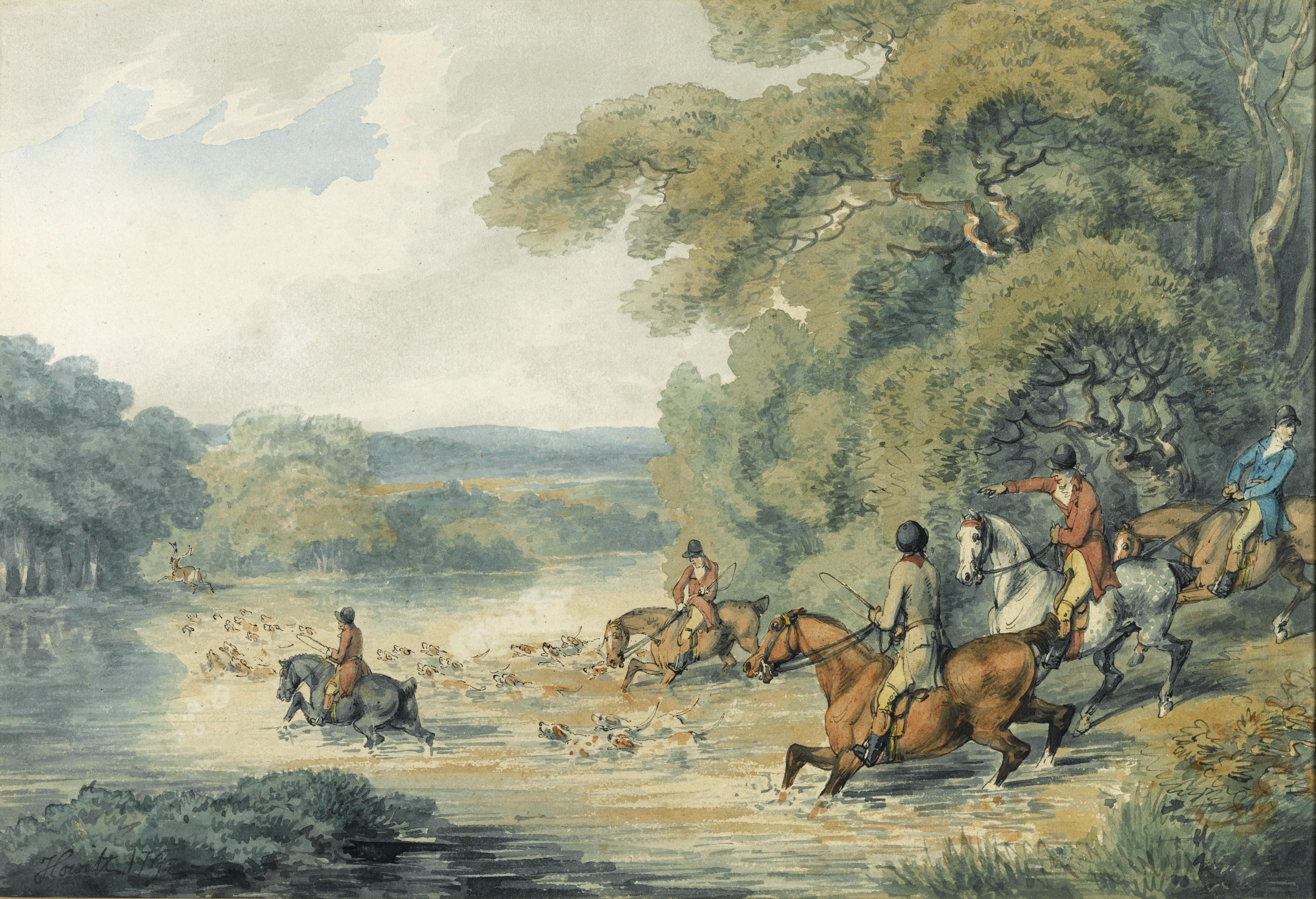 Samuel Howitt - A Stag Hunt Crossing A River