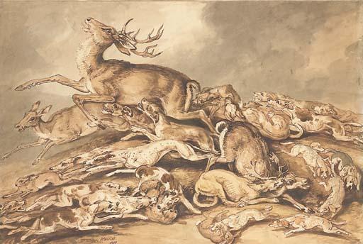 Samuel Howitt - Des chiens chassant des cerfs et des lapins